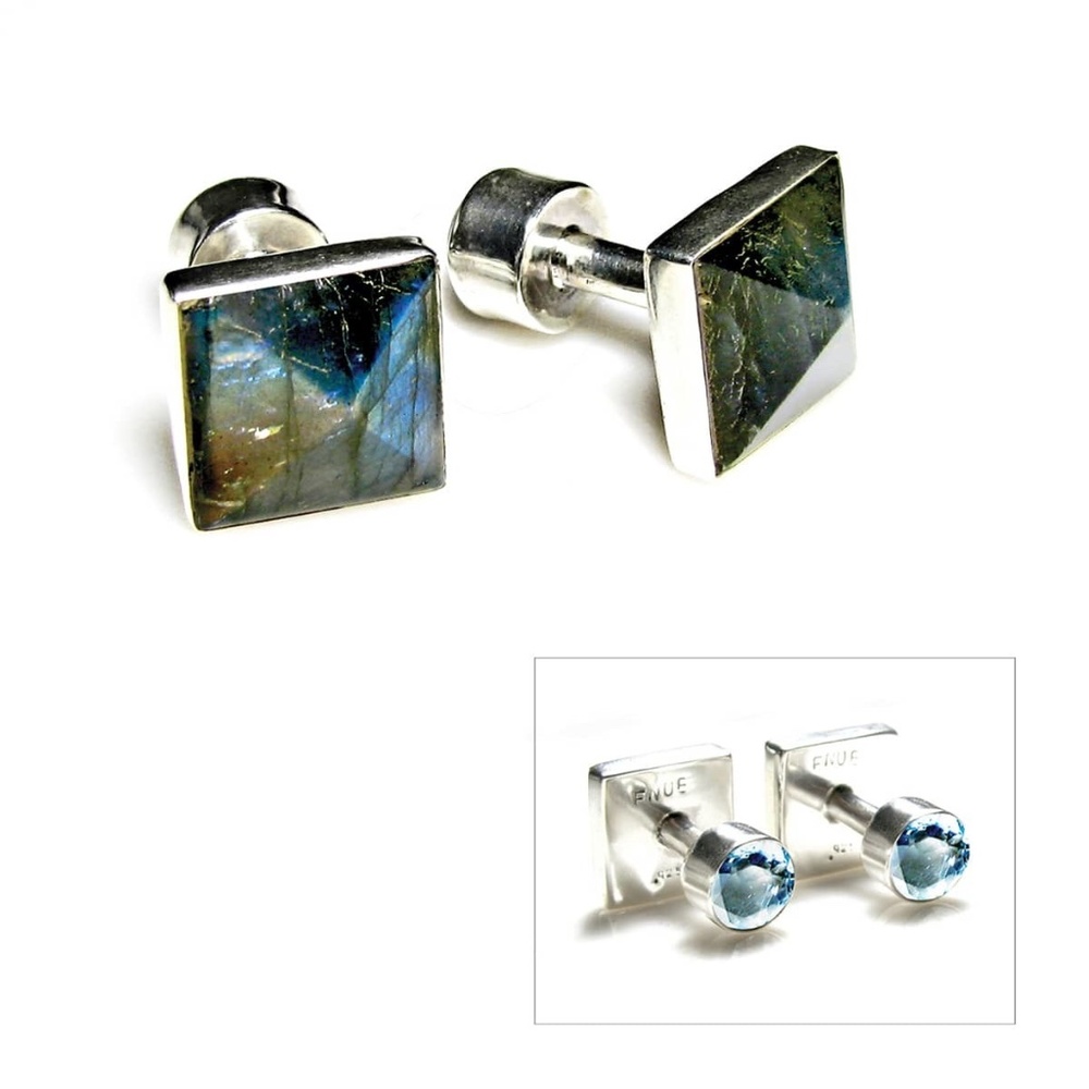 NEW - Handcrafted. .925 Sterling Silver Labradorite and Blue Topaz Cufflinks